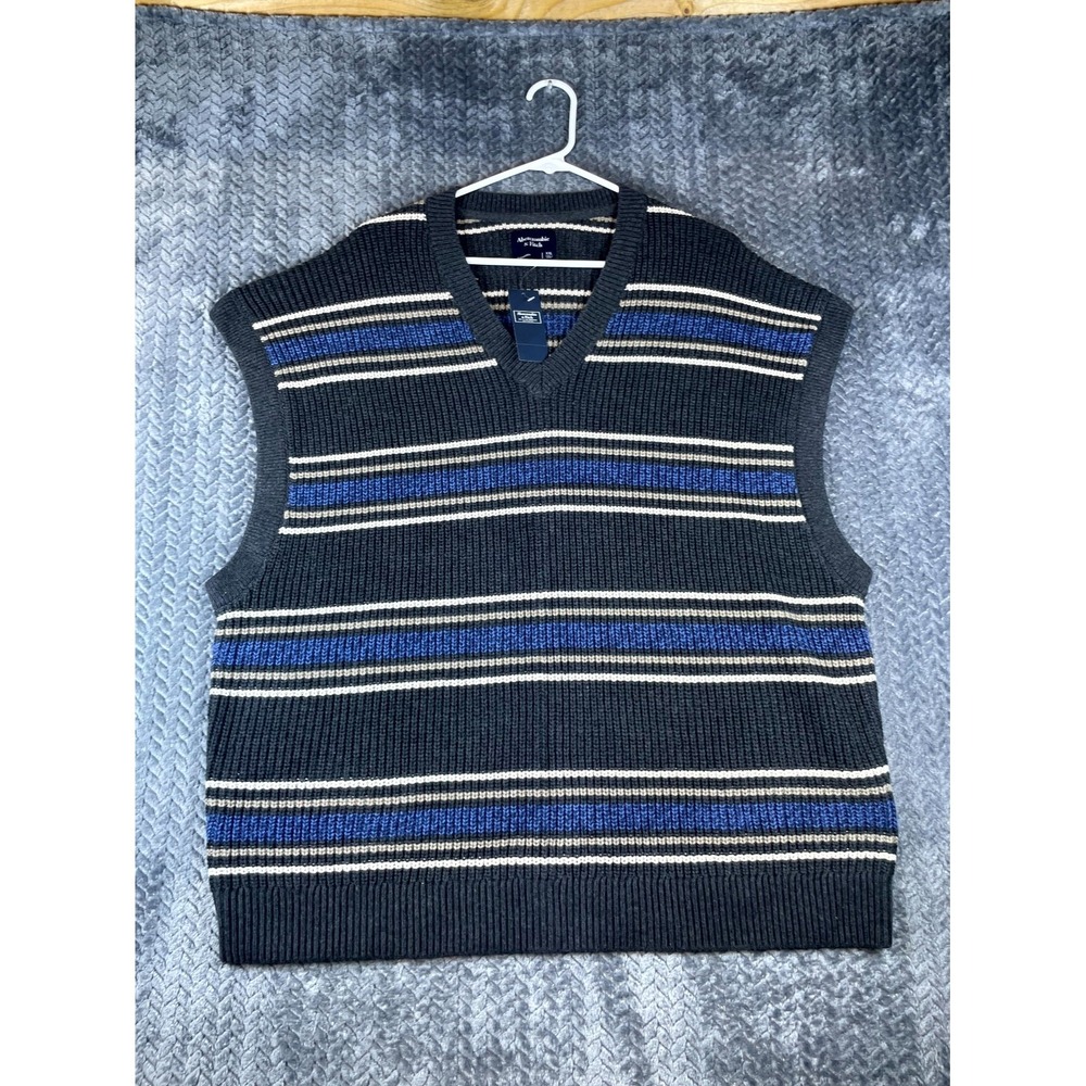 Abercrombie & Fitch Oversized Sweater Vest Mens 2XL Black Blue Striped Knit NEW